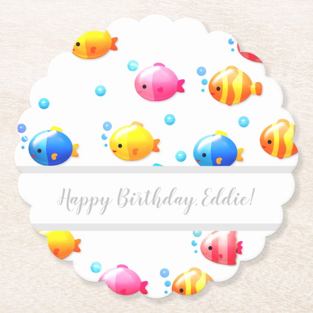 Colourful Happy Fish with Bubbles  Paper Coaster (Front)