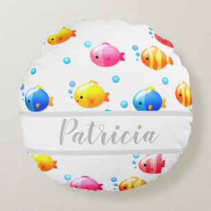 Colourful Happy Fish with Bubbles  Round Cushion