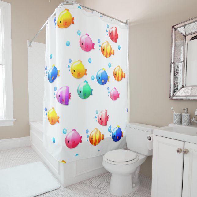 Colourful Happy Fish with Bubbles  Shower Curtain (In Situ)