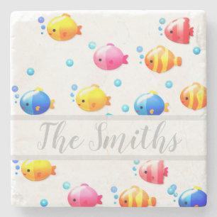 Colourful Happy Fish with Bubbles Stone Coaster