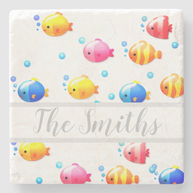 Colourful Happy Fish with Bubbles Stone Coaster (Front)