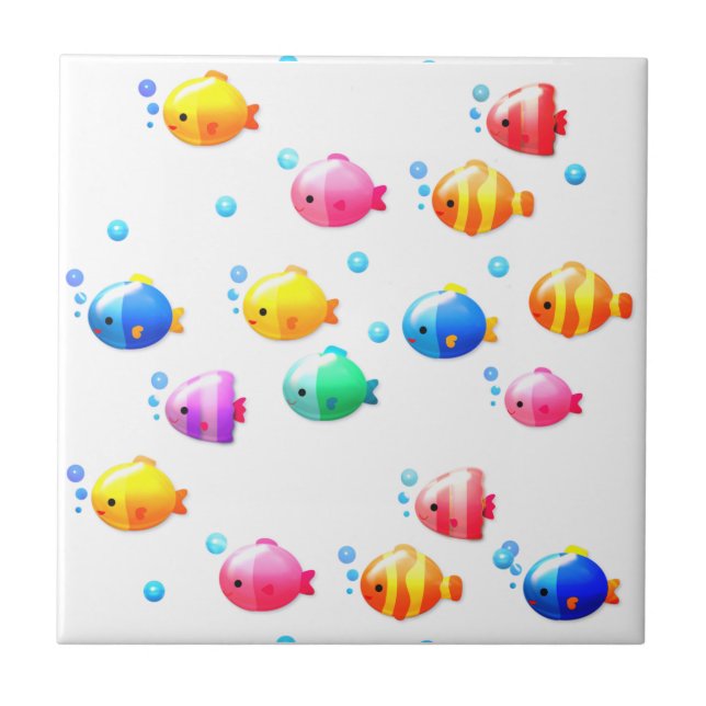 Colourful Happy Fish with Bubbles  Tile (Front)