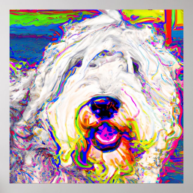 Colourful Happy Fluffy Old English Sheepdog Poster (Front)