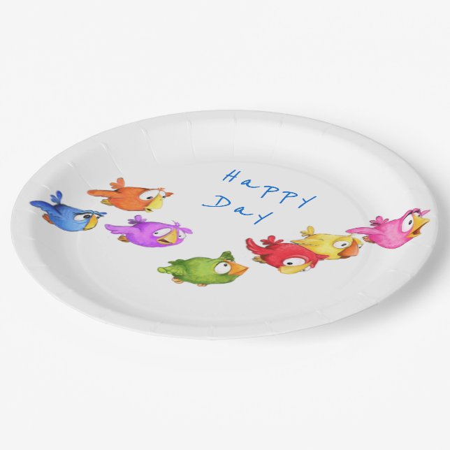 Colourful Happy Flying Birds - Cute Funny Sparrows Paper Plate (Angled)