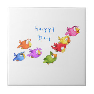 Colourful Happy Flying Birds - Cute Funny Sparrows Tile