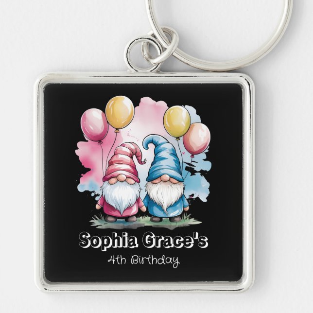 Colourful happy gnomes with balloons key ring (Front)