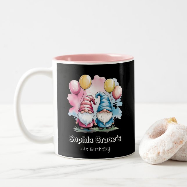 Colourful happy gnomes with balloons Two-Tone coffee mug (With Donut)