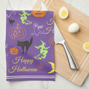 Colourful Happy Halloween Pattern Purple Tea Towel