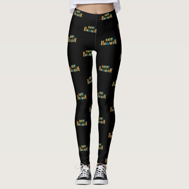 colourful happy halloween script woman black leggings (Front)
