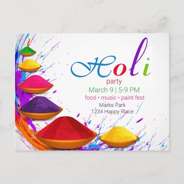 Colourful Happy Holi Powders Bowls Event Invitatio Postcard (Front)