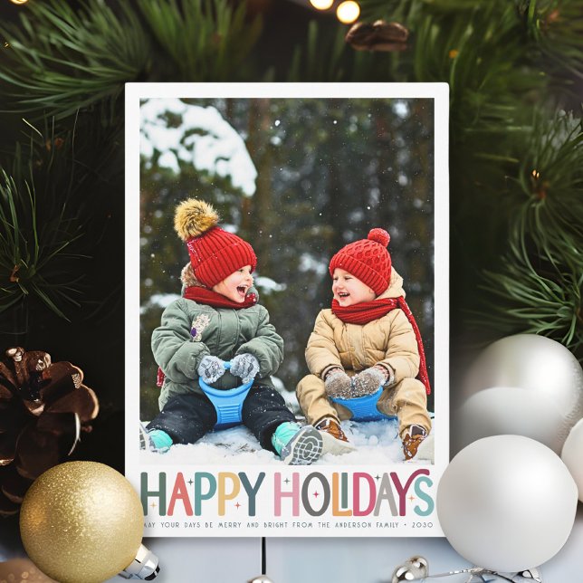 Colourful Happy Holidays Cute Retro Stars Photo Holiday Card (Creator Uploaded)
