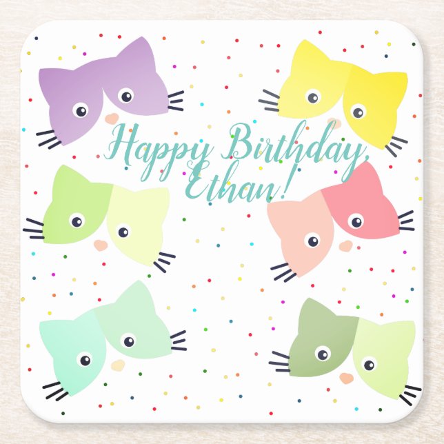 Colourful Happy Kittens Pattern  Square Paper Coaster (Front)