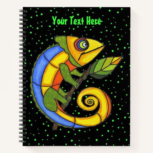 Colourful Happy Lizard Holding Leaf Green Dots Notebook (Front)