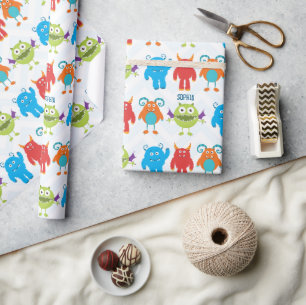 Colourful Happy Monsters with Kid Name Pattern Wrapping Paper