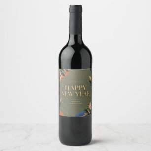 Colourful Happy New Year Greeting with Metallic Wine Label