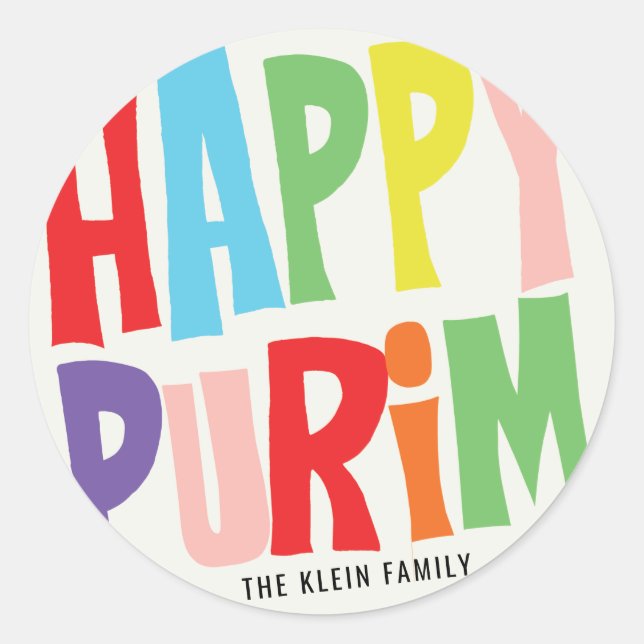 Colourful Happy Purim Round Sticker (Front)