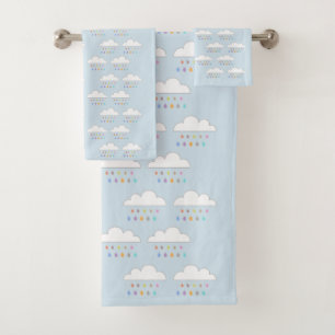Colourful happy raindrops from white fluffy clouds bath towel set