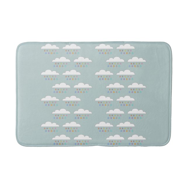 Colourful happy raindrops white fluffy clouds aqua bath mat (Front)