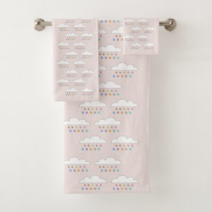 Colourful happy raindrops white fluffy clouds blus bath towel set