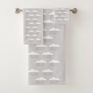 Colourful happy raindrops white fluffy clouds grey bath towel set