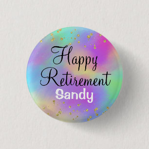 Colourful Happy Retirement Unicorn Gold Glitter 3 Cm Round Badge