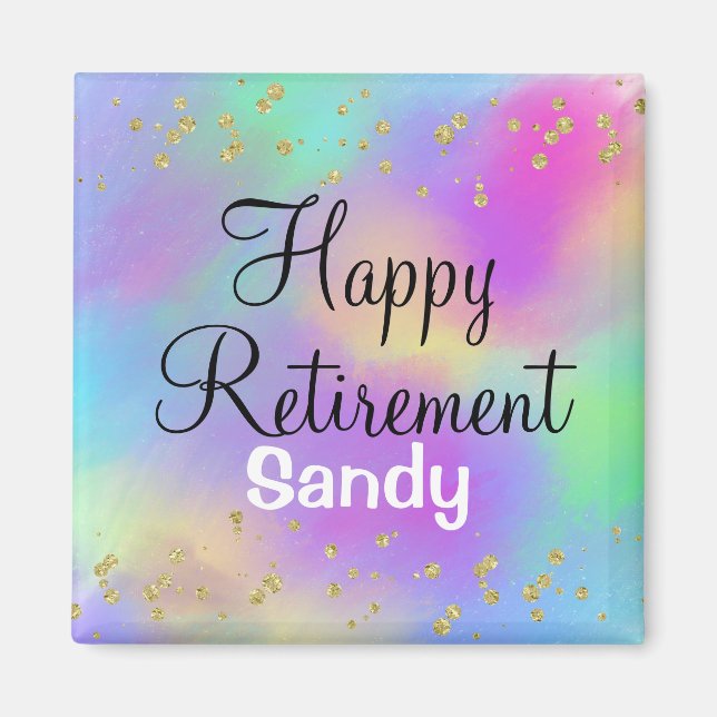 Colourful Happy Retirement Unicorn Gold Glitter Magnet (Front)