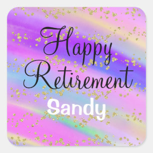 Colourful Happy Retirement Unicorn Gold Glitter Square Sticker