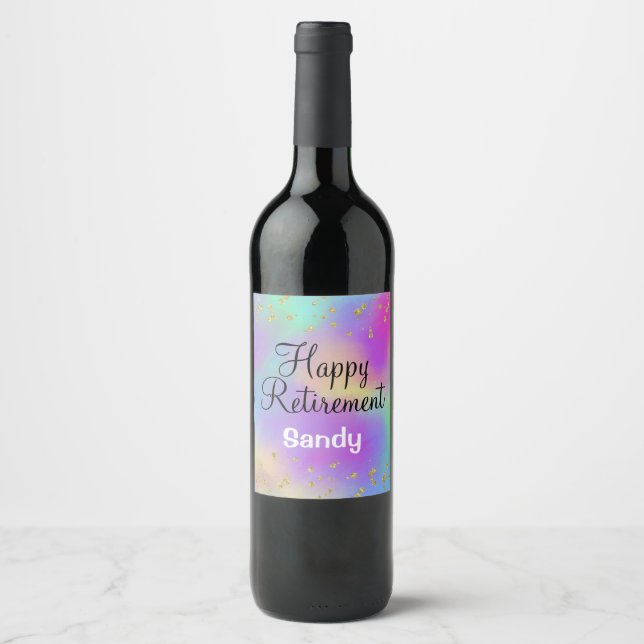 Colourful Happy Retirement Unicorn Gold Glitter Wine Label (Front)