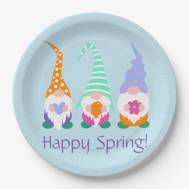 Colourful Happy Spring Gnomes Greetings Paper Plate (Front)