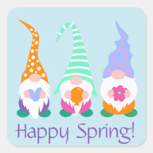Colourful Happy Spring Gnomes Greetings Square Sticker