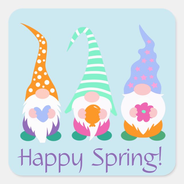 Colourful Happy Spring Gnomes Greetings Square Sticker (Front)