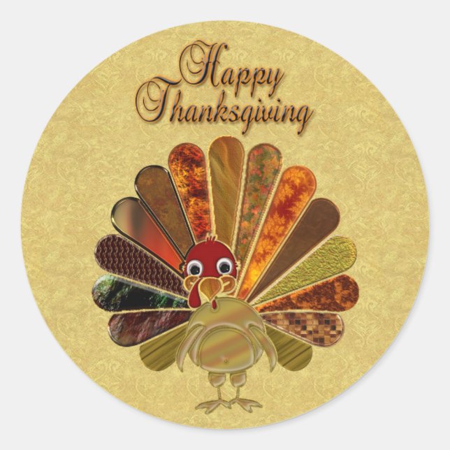 Colourful Happy Thanksgiving Turkey Classic Round Sticker (Front)