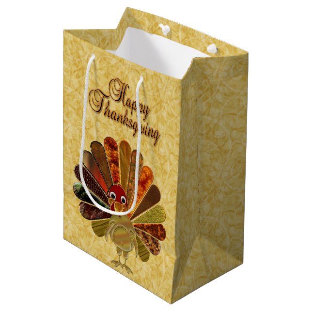 Colourful Happy Thanksgiving Turkey Medium Gift Bag (Front Angled)