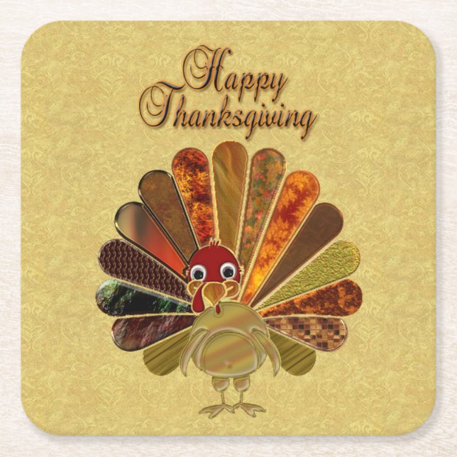 Colourful Happy Thanksgiving Turkey Square Paper Coaster (Front)