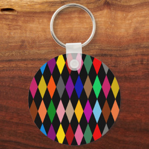 Colourful Harlequin Diamonds Design Black Key Ring