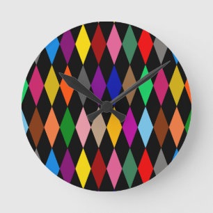 Colourful Harlequin Diamonds Design Black Round Clock