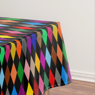 Colourful Harlequin Diamonds Design Black Tablecloth