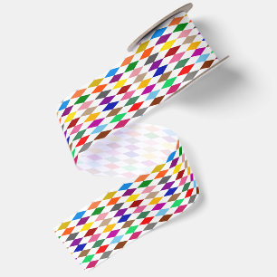 Colourful Harlequin Diamonds Design White Satin Ribbon