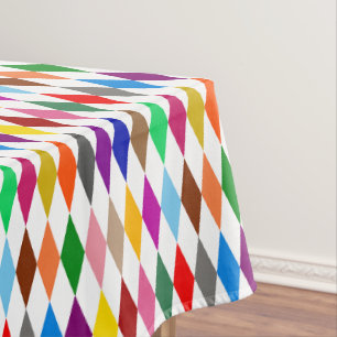 Colourful Harlequin Diamonds Design White Tablecloth