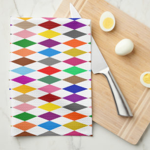Colourful Harlequin Diamonds Design White Tea Towel