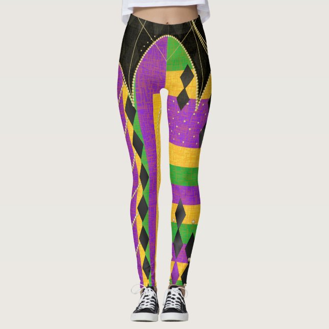 Colourful Harlequin Mardi Gras Colour Argyle Strip Leggings (Front)