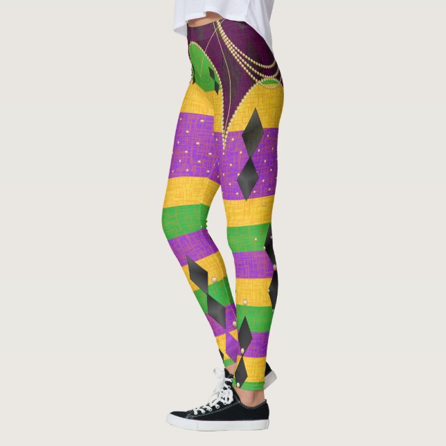 Colourful Harlequin Mardi Gras Colour Argyle Strip Leggings (Left)