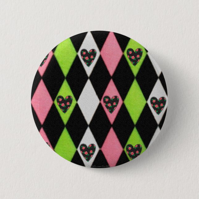 Colourful Harlequin Print with Rose Hearts 6 Cm Round Badge (Front)