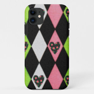 Colourful Harlequin Print with Rose Hearts iPhone 11 Case
