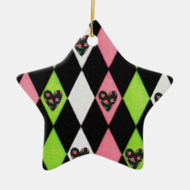 Colourful Harlequin Print with Rose Hearts Ceramic Tree Decoration (Front)