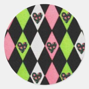 Colourful Harlequin Print with Rose Hearts Classic Round Sticker