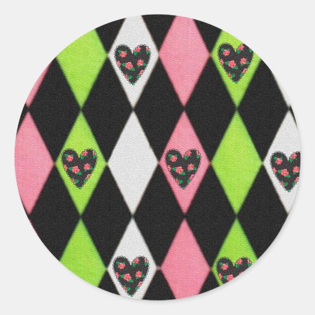 Colourful Harlequin Print with Rose Hearts Classic Round Sticker (Front)
