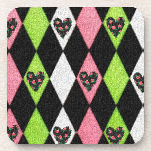 Colourful Harlequin Print with Rose Hearts Coaster (Front)