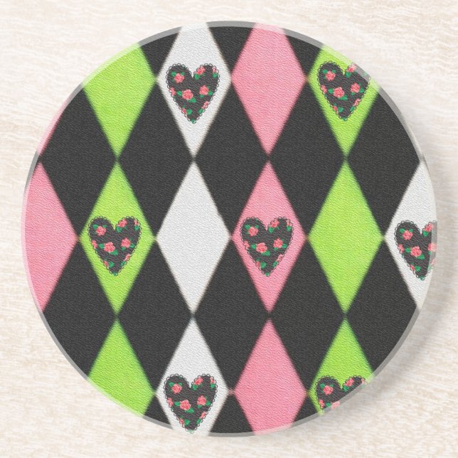 Colourful Harlequin Print with Rose Hearts Coaster (Front)