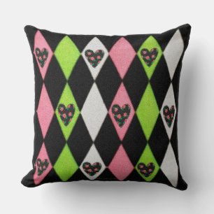 Colourful Harlequin Print with Rose Hearts Cushion